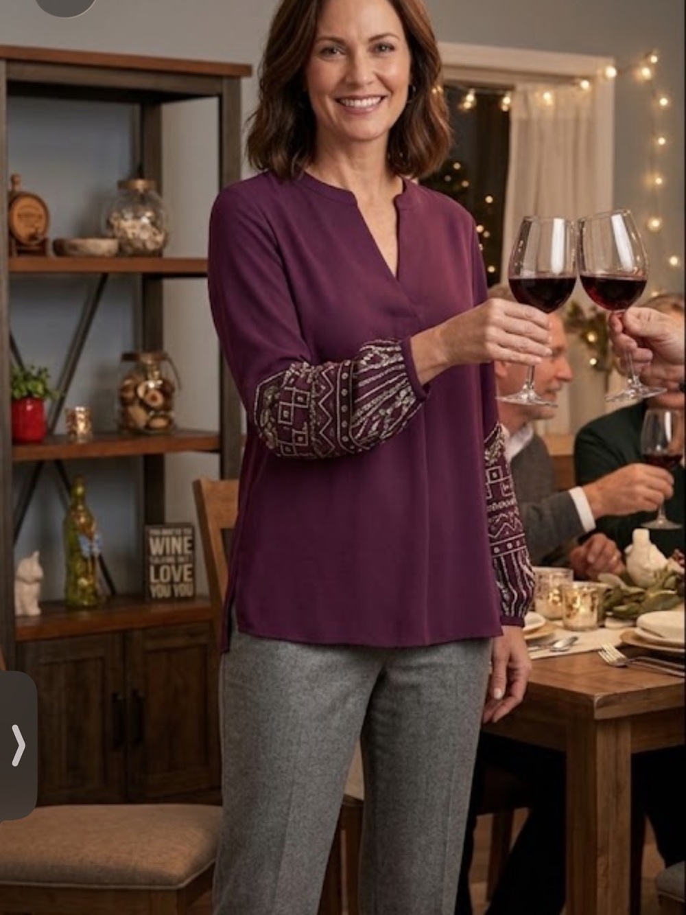Chicos Women's Embroidered Sleeve Split-Neck Top - Plum size 8 ptp 21